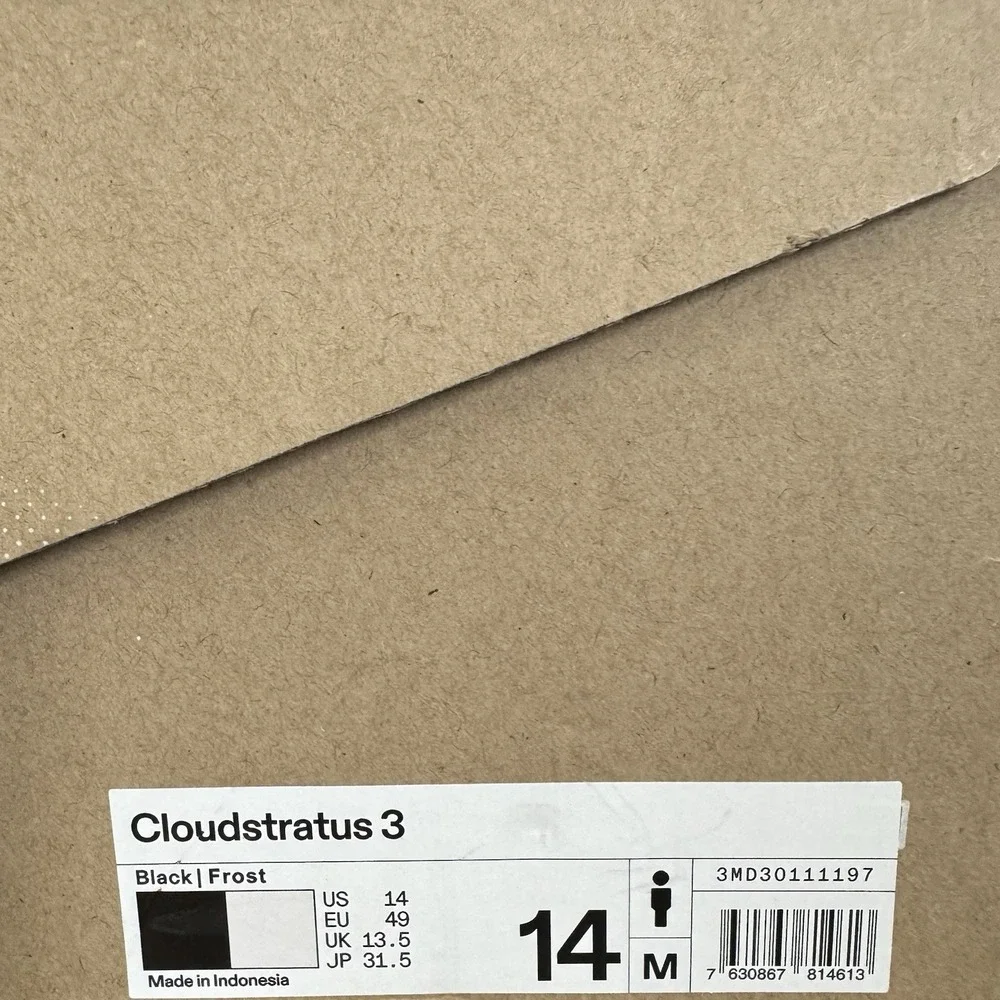 Brand New On Cloudstratus 3 Black Frost 3MD30111197 Running Shoes Men's Size 14